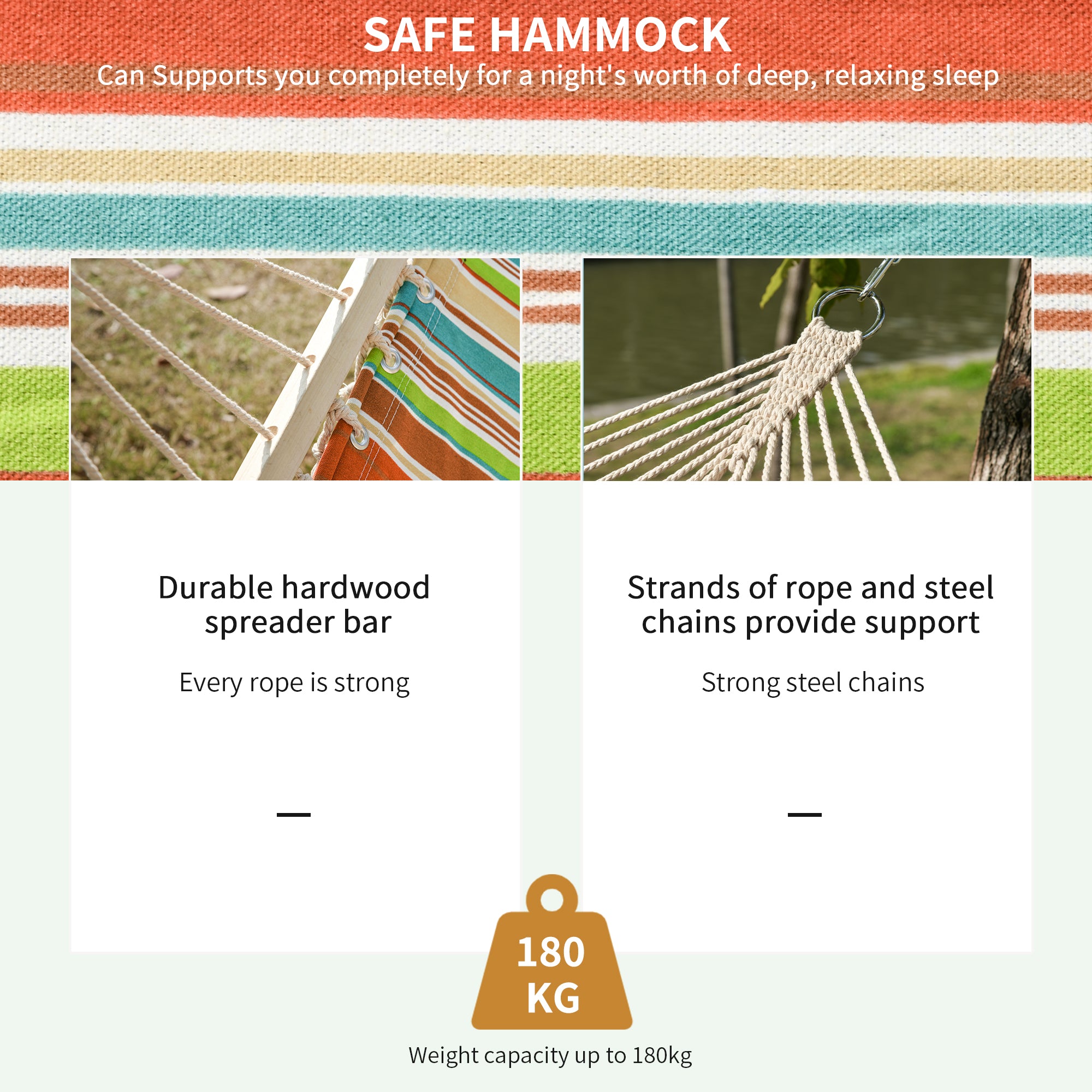 Outsunny Double Cotton Hammock Camping Swing Outdoor Garden Beach Stripe Hanging Bed with Pillow, 188 x 140 cm, 180 KG Capacity, Red