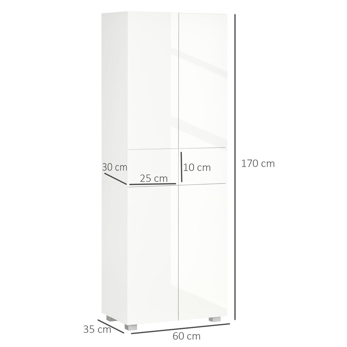 HOMCOM 4-Door Kitchen Cupboard, Tall Freestanding 5-Tier Storage Cabinet with 3 Adjustable Shelves, 2 Drawers for Living Room, Dining Room, Push to Open Design, High Gloss White