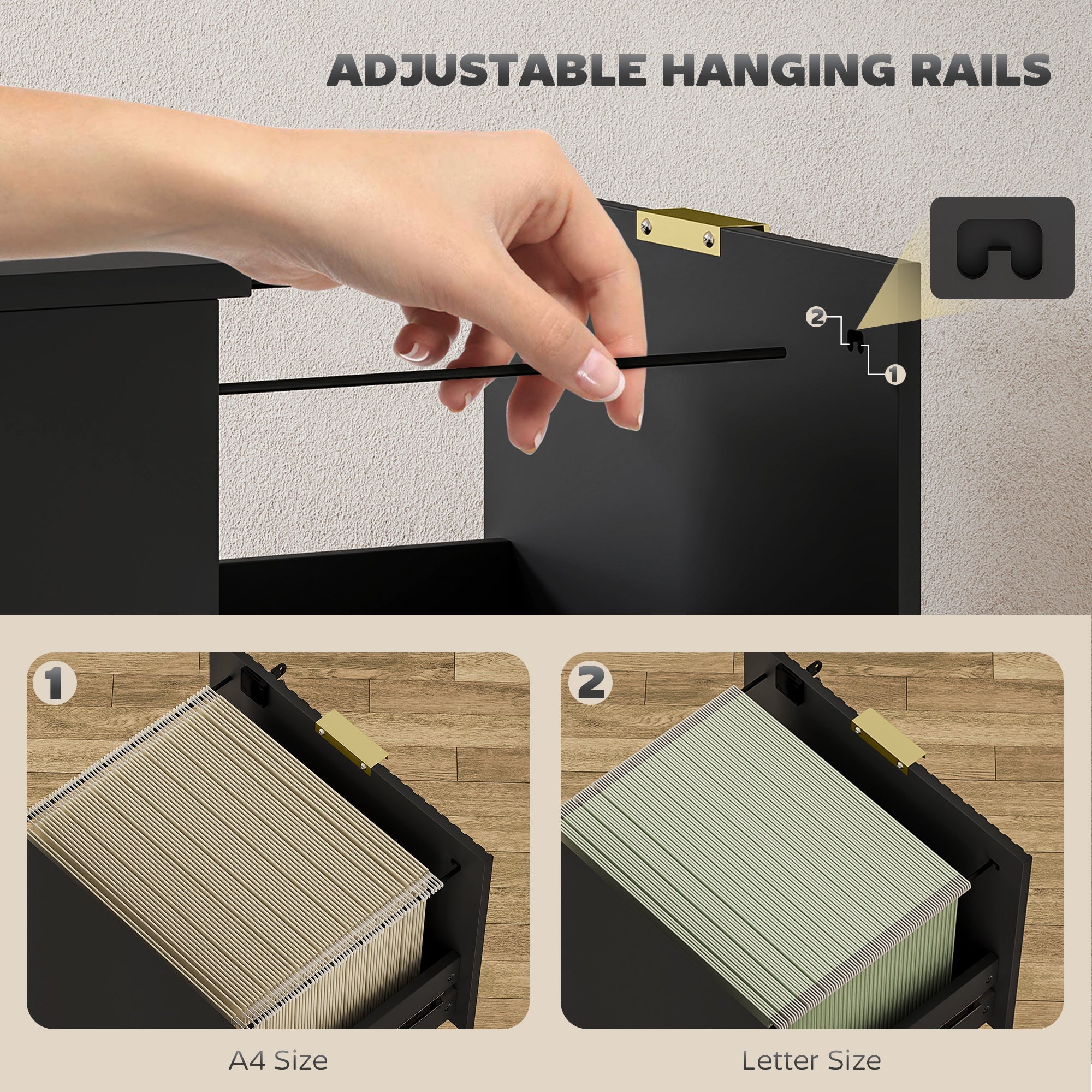 HOMCOM Filing Cabinet, Fluted Vertical File Cabinet with 3 Lockable Drawers and Hanging Rails, Black