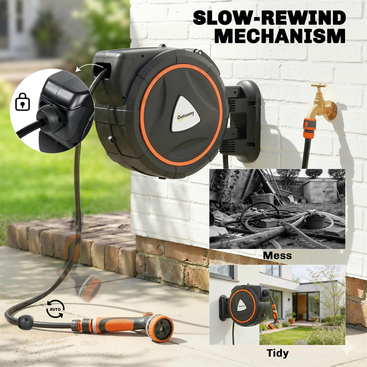 Outsunny 23+2m Retractable Hose Reel Wall Mounted with Auto Retraction, Self-Locking, Slow Return System, 12-Pattern Nozzles