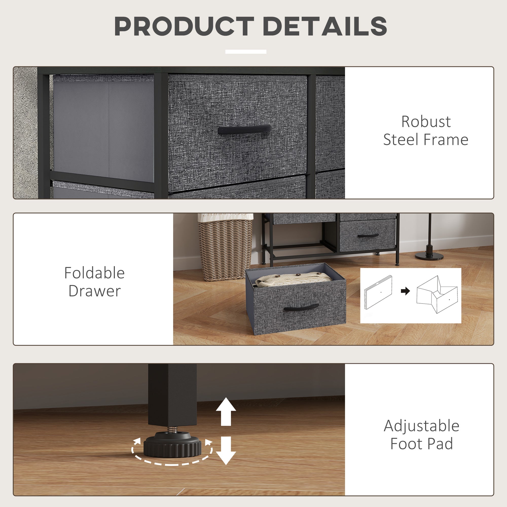 HOMCOM Fabric Chest of Drawers, Industrial Bedroom Dresser with 6 Fabric Drawers, Steel Frame and Wooden Top for Nursery, Living Room, Hallway, Black