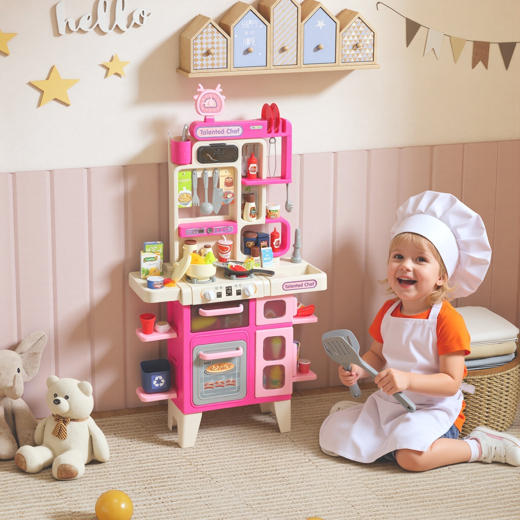 AIYAPLAY Pretend Play Kitchen Set with Realistic Lights & Sounds, 104PCS Toy Kitchen Accessories for Boys and Girls, Pink
