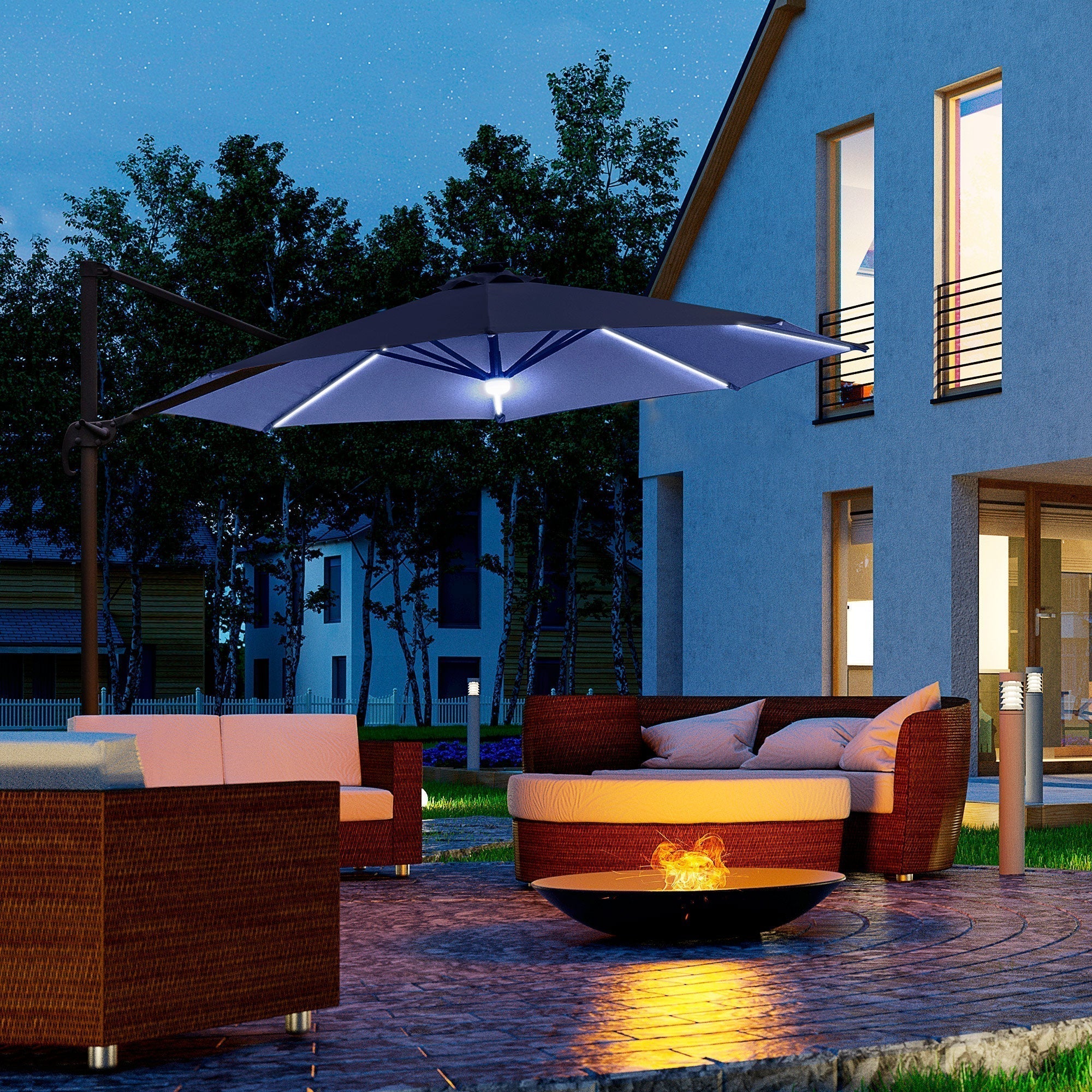 Outsunny 3(m) LED Cantilever Parasol Outdoor Sun Umbrella w/ Base Solar Lights Blue