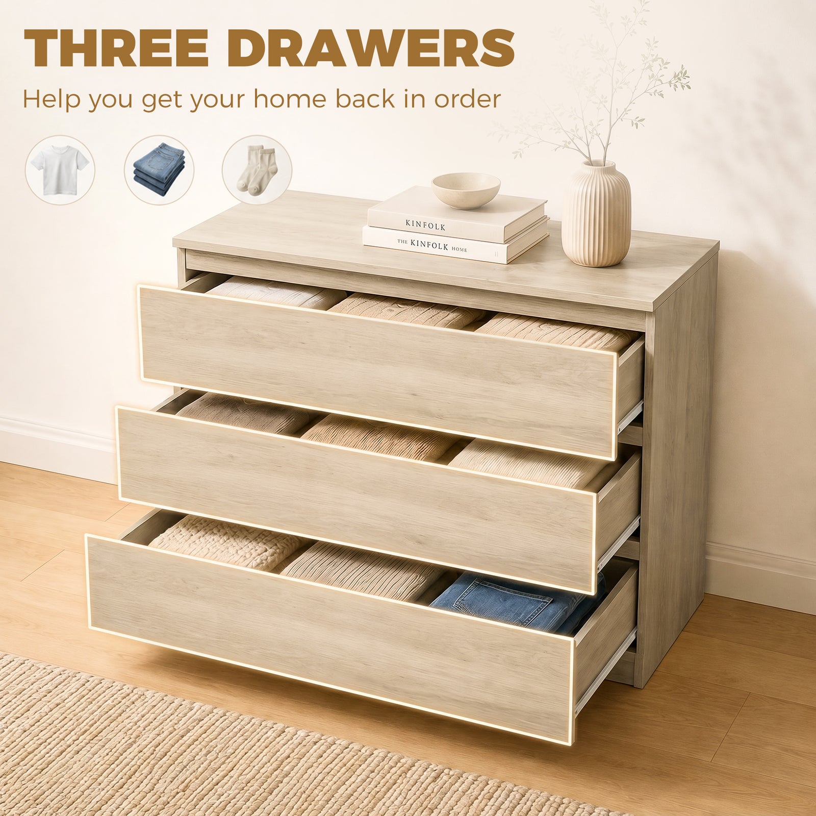 HOMCOM 3-Drawer Storage Organiser Unit, Chest of Drawers for Bedroom, Living Room, 80 x 39 x 73cm, Oak