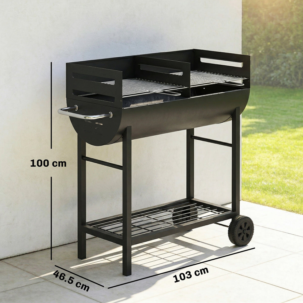 Outsunny Charcoal Barbecue Grill with 2 Cooking Areas, Portable BBQ Trolley with Wheels, Height Adjustable Grates, Bottom Shelf