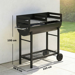 Outsunny Charcoal Barbecue Grill with 2 Cooking Areas, Portable BBQ Trolley with Wheels, Height Adjustable Grates, Bottom Shelf
