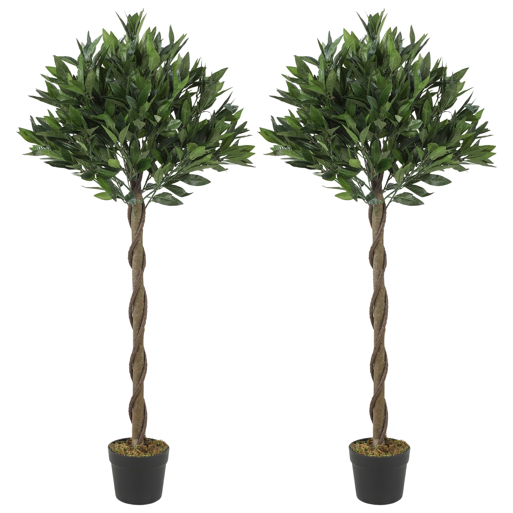 Outsunny Artificial Bay Laurel Topiary Trees with Twisted Trunk, Realistic Lush Topiary Ball Tree with Weighted Pot, Set of 2