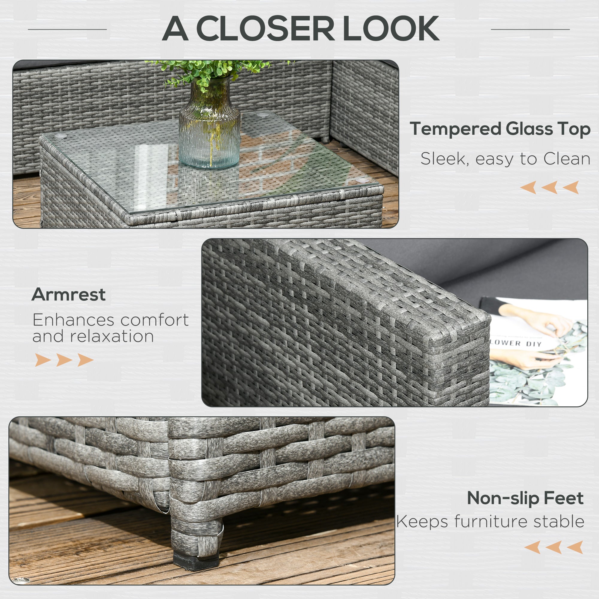 Outsunny 3 Pieces PE Rattan Garden Furniture Set with 10 cm Thick Cushions, 4 Seater Garden Corner Sofa Set with Glass Top Coffee Table, Outdoor Furniture for Patio, Porch, Grey