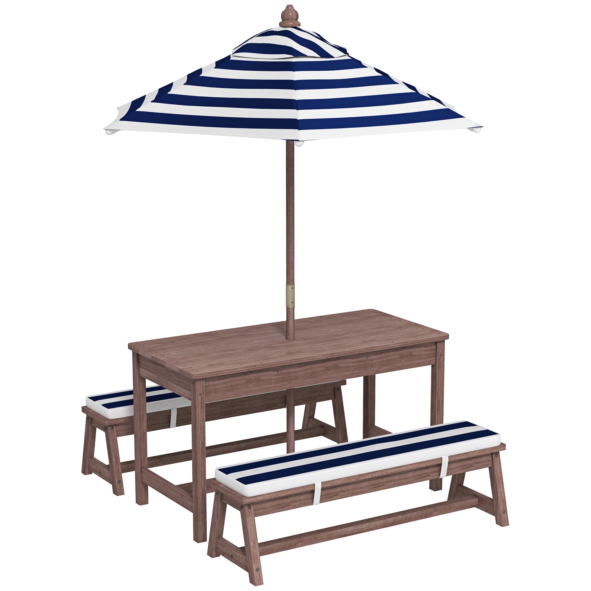 AIYAPLAY Outdoor Wooden Kids Picnic Table & Bench Set with Cushions and Umbrella, for Patio, Garden, Navy Blue