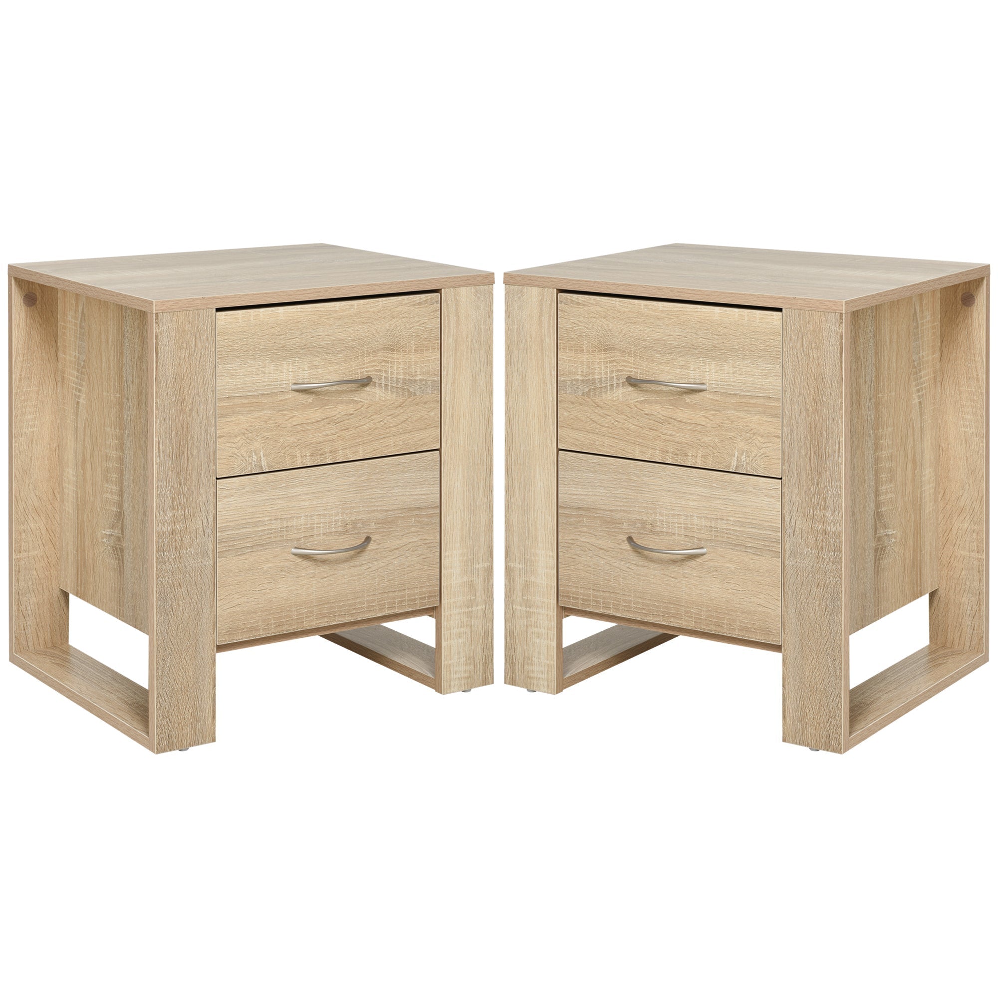 HOMCOM Bedside Table with 2 Drawers, Nightstand with Handles and Elevated Base, Side Table for Bedroom, Living Room, Set of 2, Brown