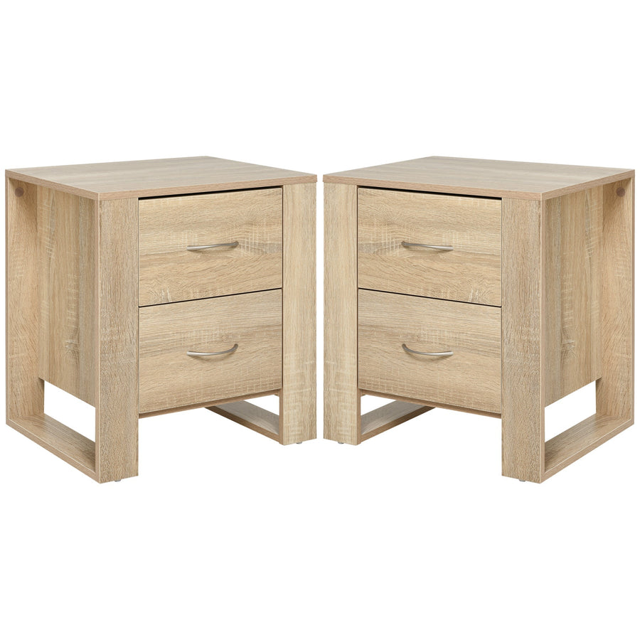 HOMCOM Bedside Table with 2 Drawers, Nightstand with Handles and Elevated Base, Side Table for Bedroom, Living Room, Set of 2, Brown