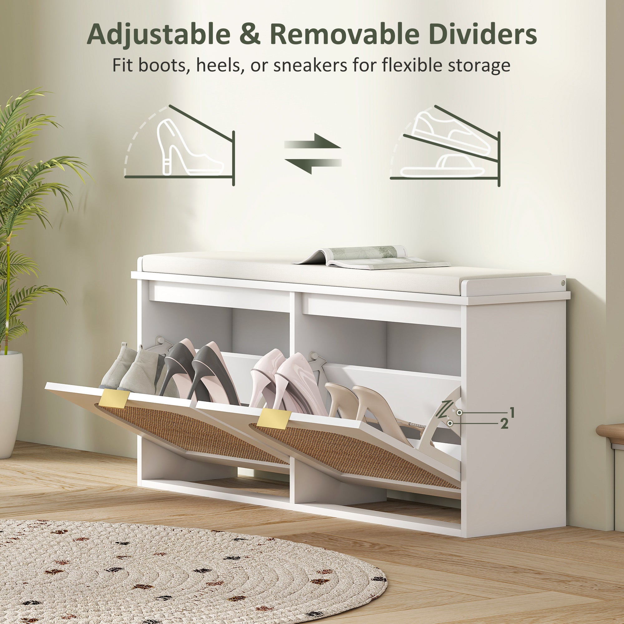 HOMCOM Boho Shoe Bench with Padded Seat and 2 Flip-Drawers - White