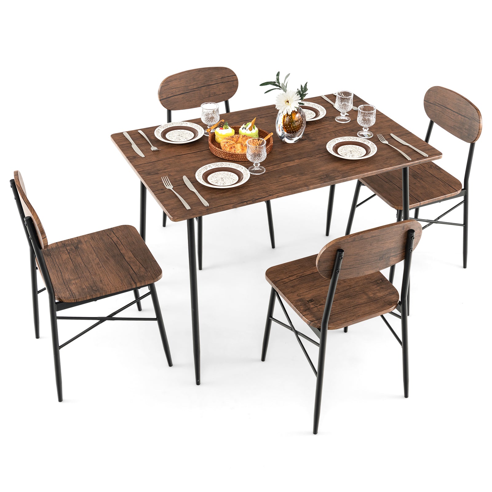 5 Piece Dining Table Set Rectangular with Backrest-Rustic Brown