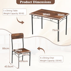 5-Piece Dining Table Set Industrial Metal Frame with Rectangular Table-Coffee