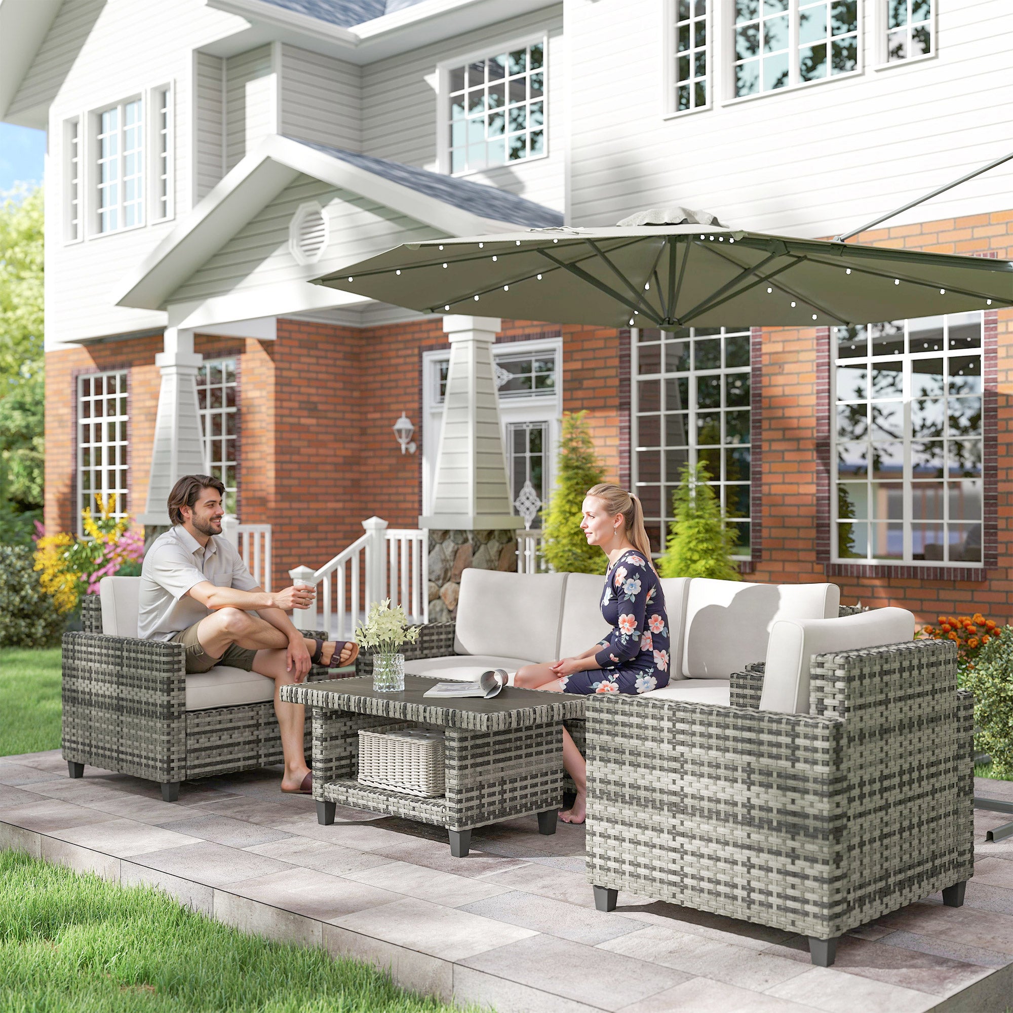 Outsunny Six-Piece Modular Rattan Sofa Set - Light Grey