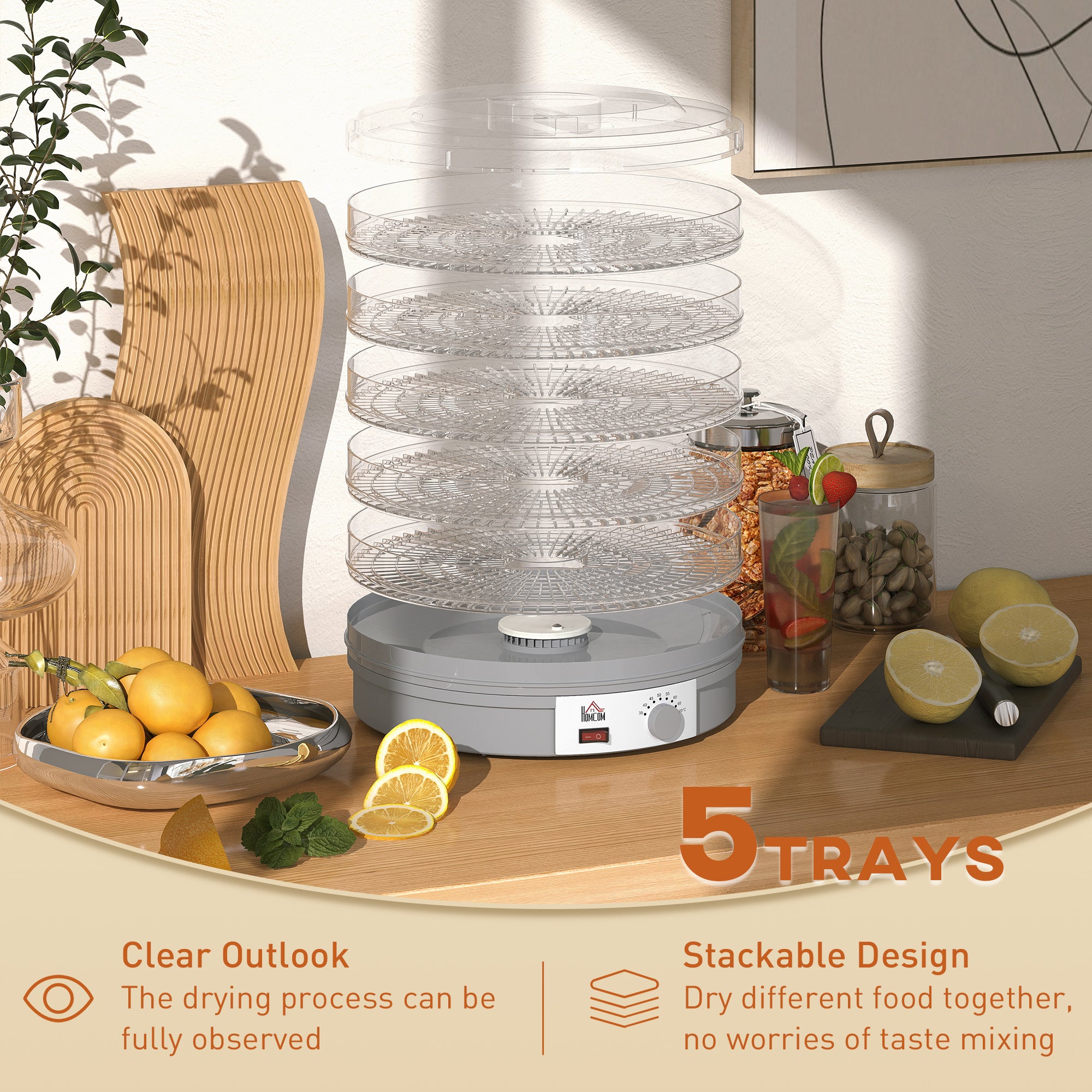 HOMCOM 5 Tier Food Dehydrator, 245W Food Dryer Machine with Adjustable Temperature Control for Drying Fruit, Meat, Vegetable, Jerky and Pet Treat, Grey