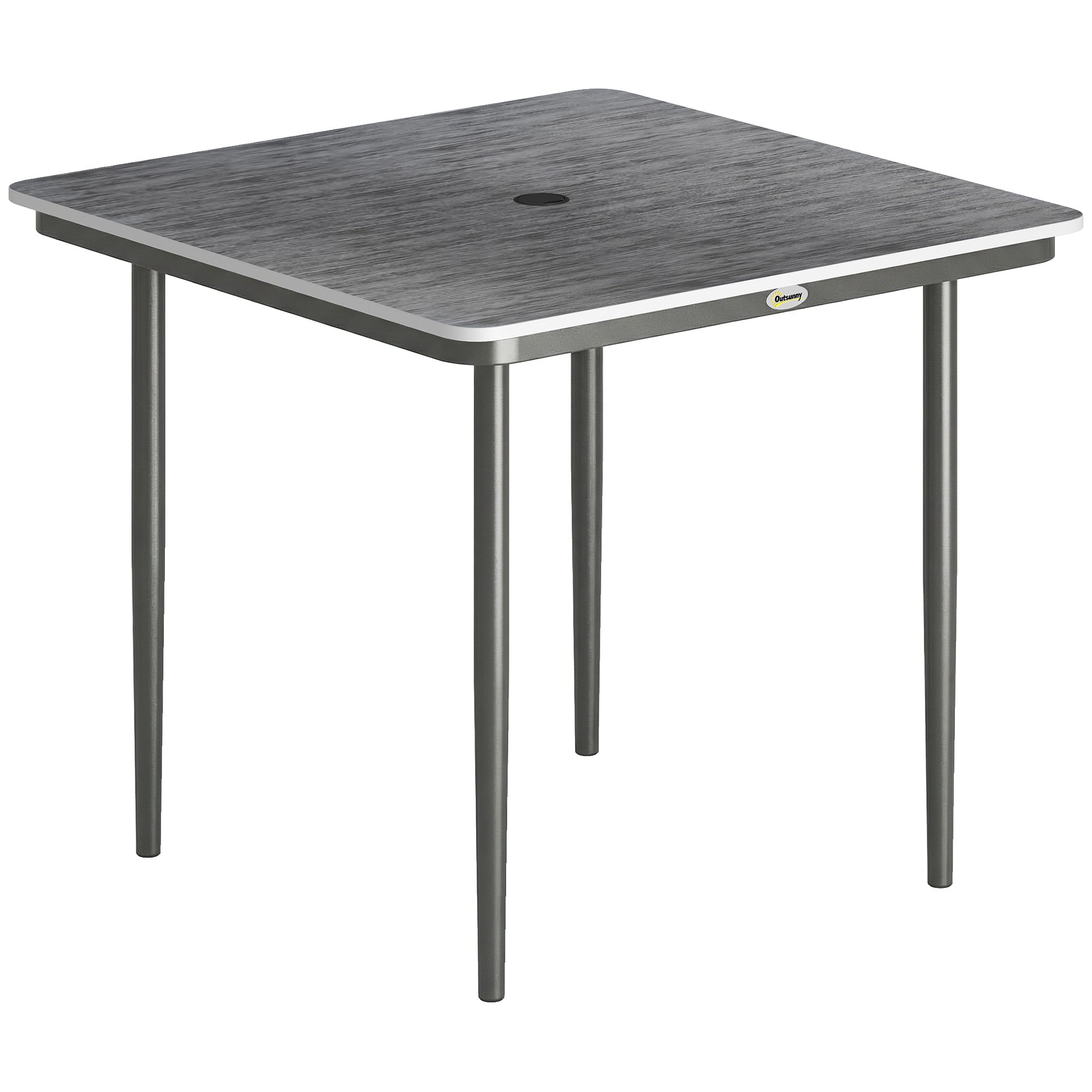 Outsunny Garden Dining Table for 4, 85 cm Square Outdoor Table with Umbrella Hole, Faux Wood Top, Metal Legs, Dark Grey