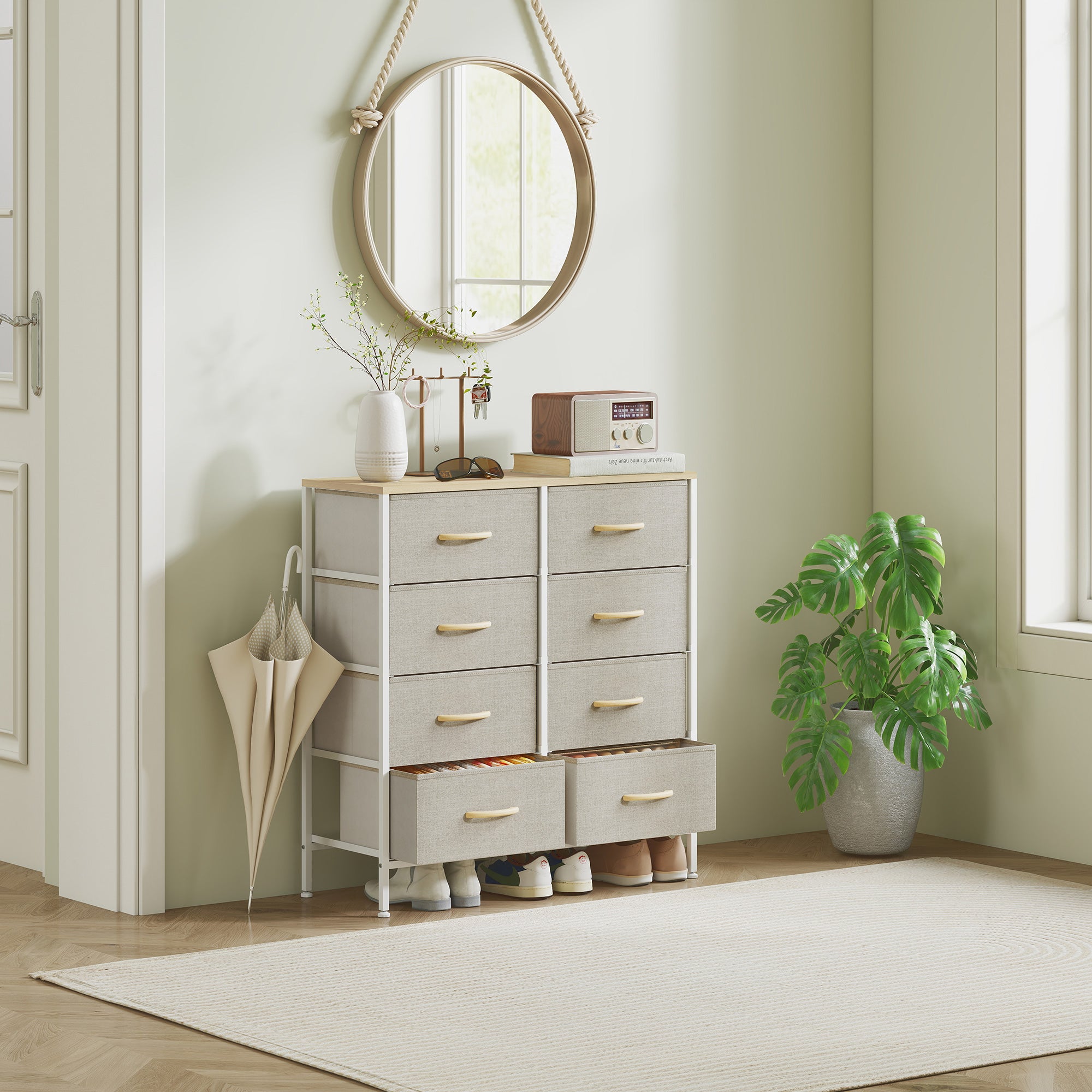 HOMCOM Fabric Chest of Drawers, Industrial Bedroom Dresser with 8 Fabric Drawers, Steel Frame and Wooden Top for Nursery, Living Room, Hallway, Maple Wood-effect