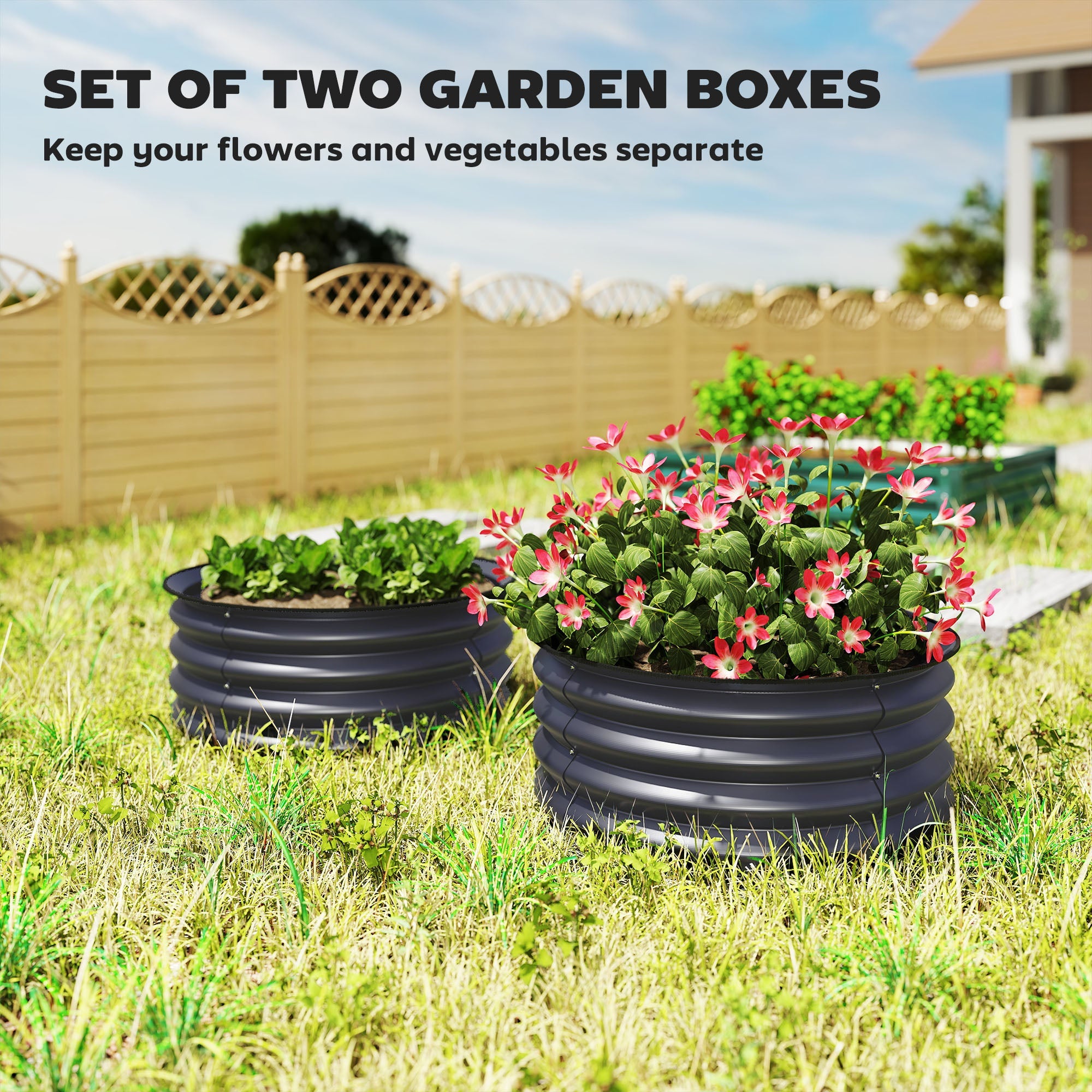 Outsunny Set of 2 Raised Garden Bed, Metal Planter Box with Safety Edging, Easy-to-assemble Stock Tank, Dark Grey