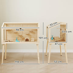 PawHut Wooden Hamster Cage, Hamster Habitat with Openable Top, Seesaws, Platforms, Water Bottle for Gerbils, 110 x 52 x 101 cm