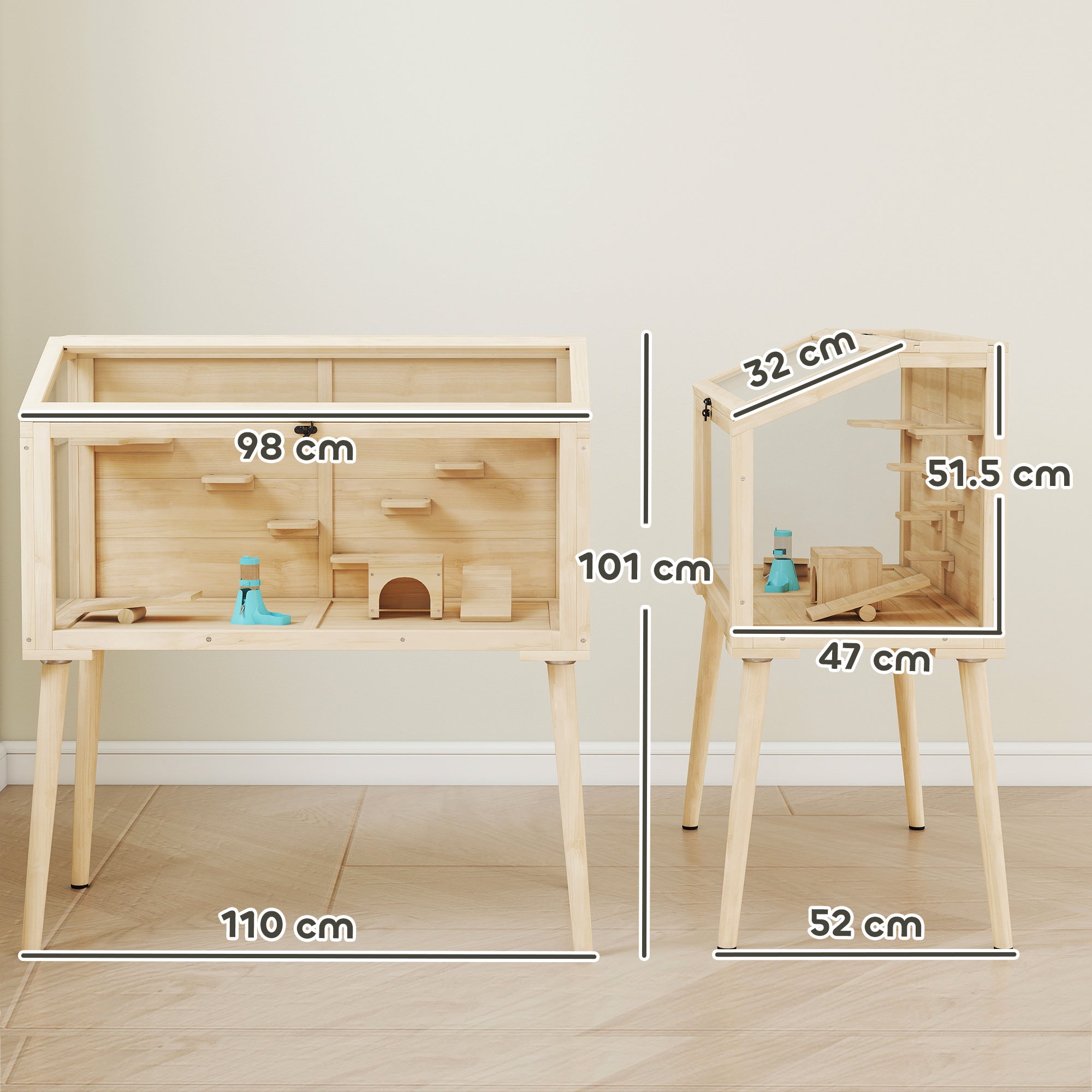 PawHut Wooden Hamster Cage, Hamster Habitat with Openable Top, Seesaws, Platforms, Water Bottle for Gerbils, 110 x 52 x 101 cm