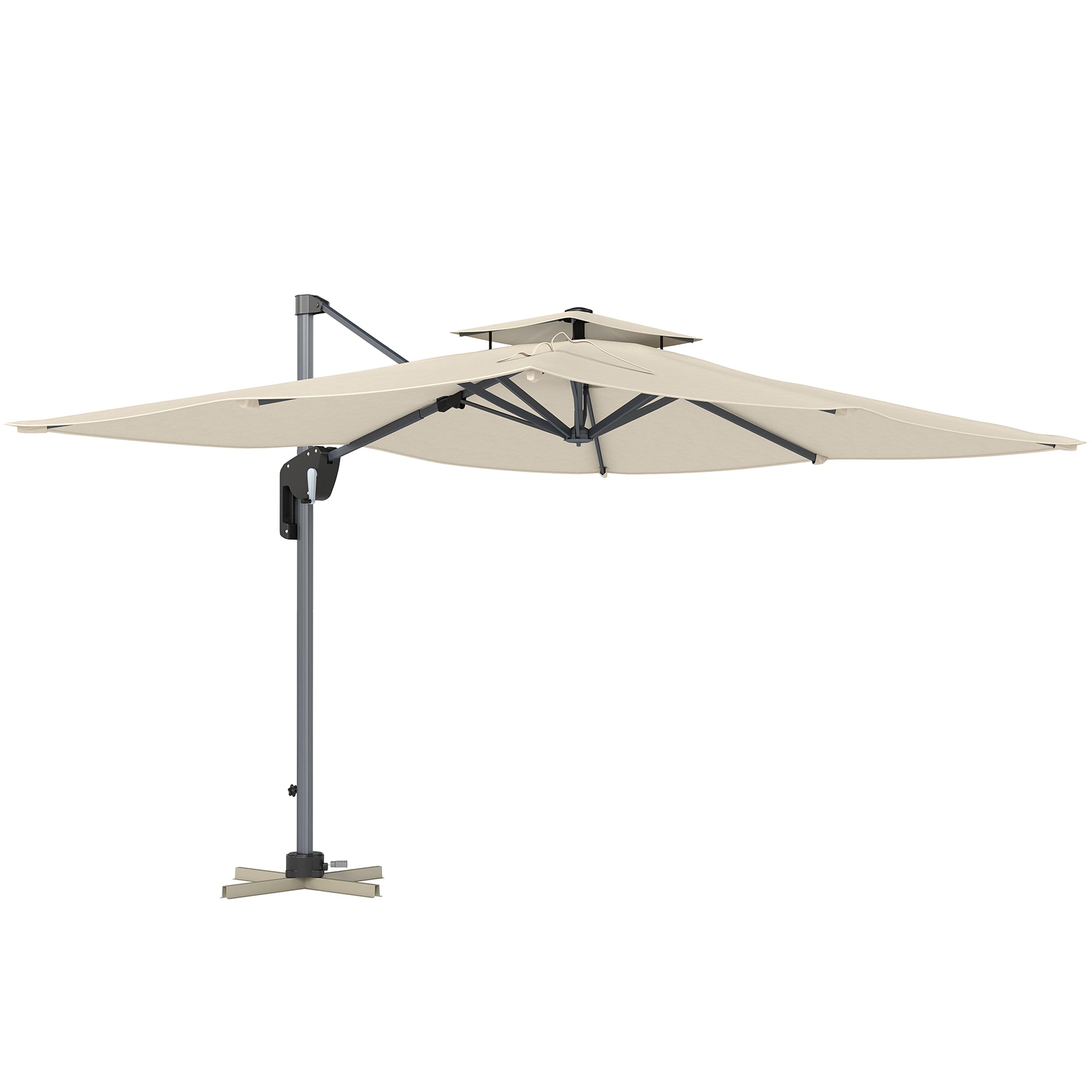 Outsunny 3.7 x 2.7 m Cantilever Parasol w/ 360√Ç¬∞ Rotation and Easy Tilt Adjustment, Aluminium Hanging Offset Outdoor Umbrella w/ Double Top, Cross Base, UPF50+ Hanging Sun Shade, Grey Wood Effect Pole