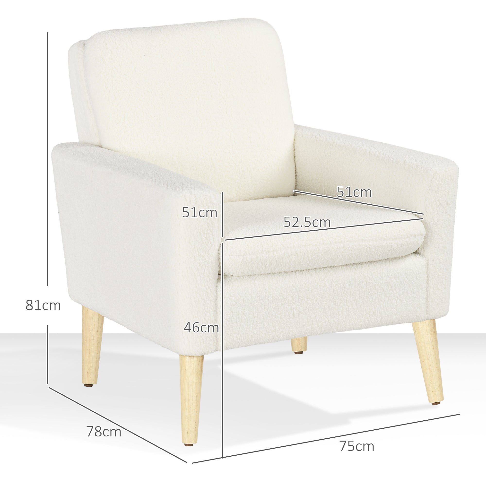 HOMCOM Armchair, Upholstered Accent Chair with Wood Legs and Wide Padded Seat, Teddy Occasional Chair, Cream White