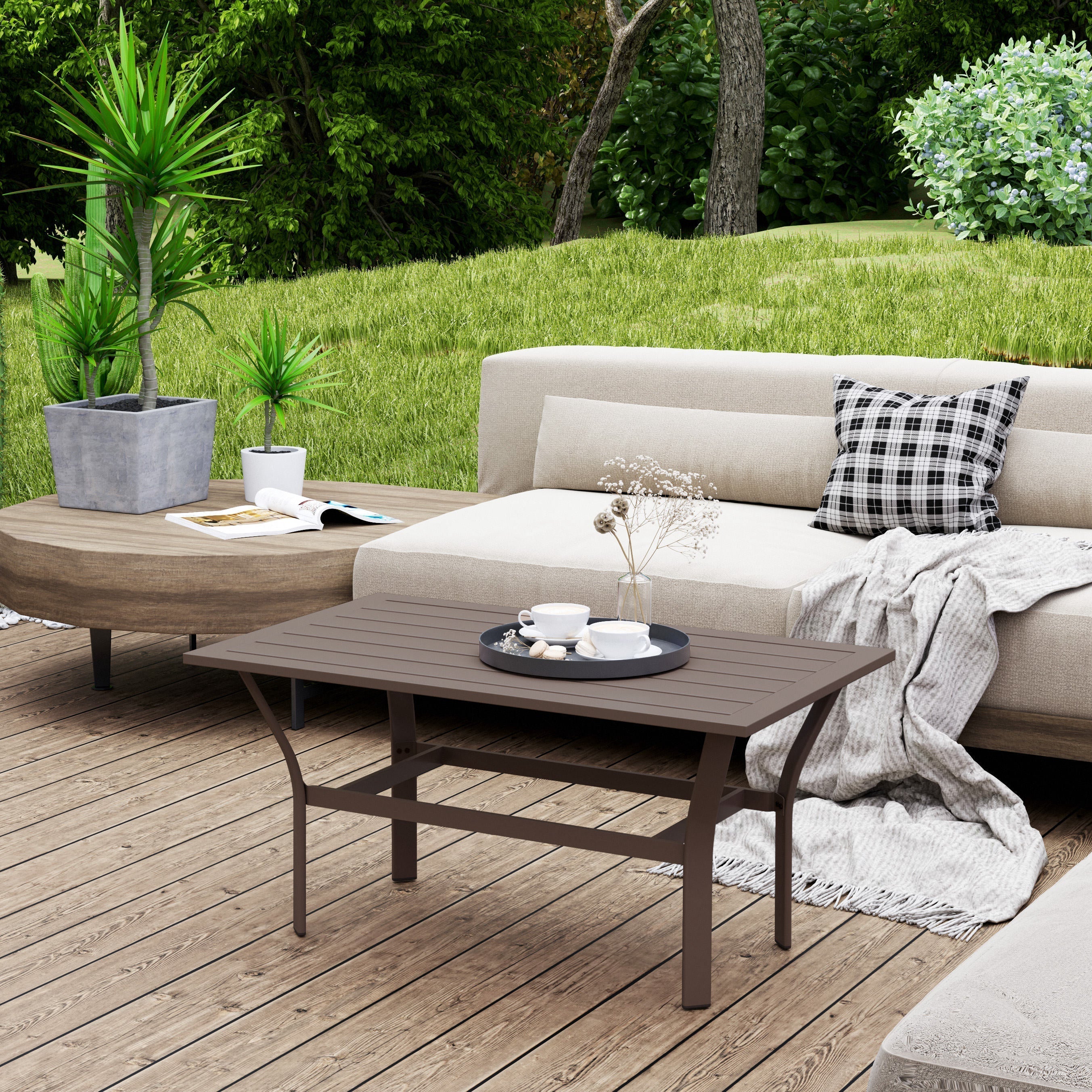Outsunny Metal Garden Coffee Table, Rectangular Outdoor Side Table with Slatted Tabletop, Foot Pads for Outside, Garden, Balcony, Porch, 91.5 x 55 x 45cm, Brown