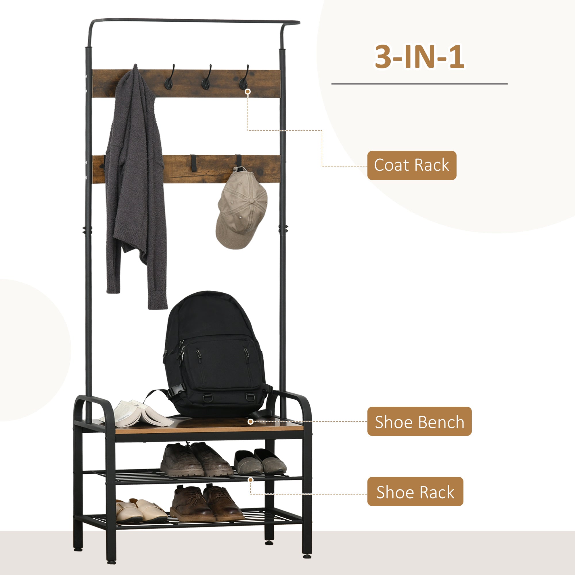 HOMCOM Coat Rack Stand Industrial hallway Shoe Rack Removable Hooks Metal Wood Hangers Storage Cabinet Rustic Brown 72L√É‚Äî34W√É‚Äî185H(cm)