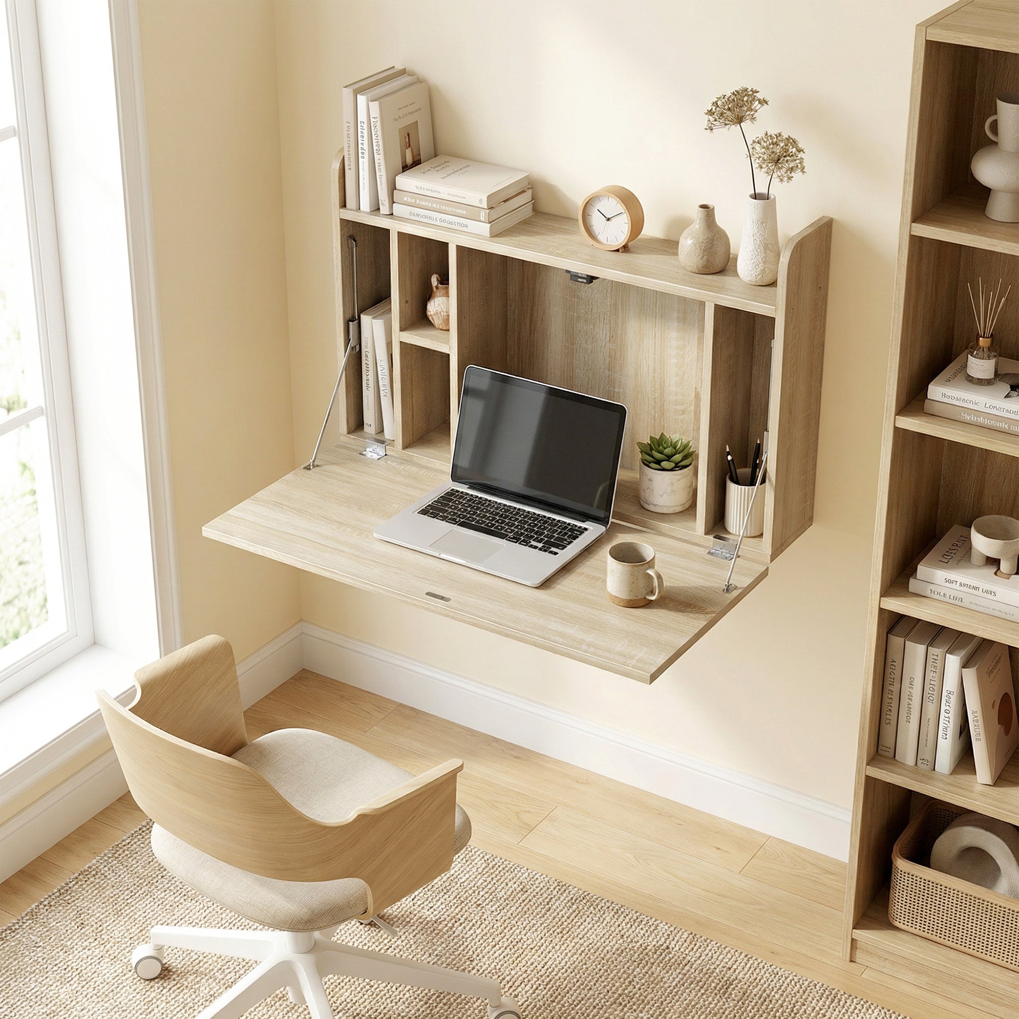 HOMCOM Wall Mounted Desk, Drop Leaf Floating Laptop Desk with Space Saving Storage Compartments for Home Office, Oak