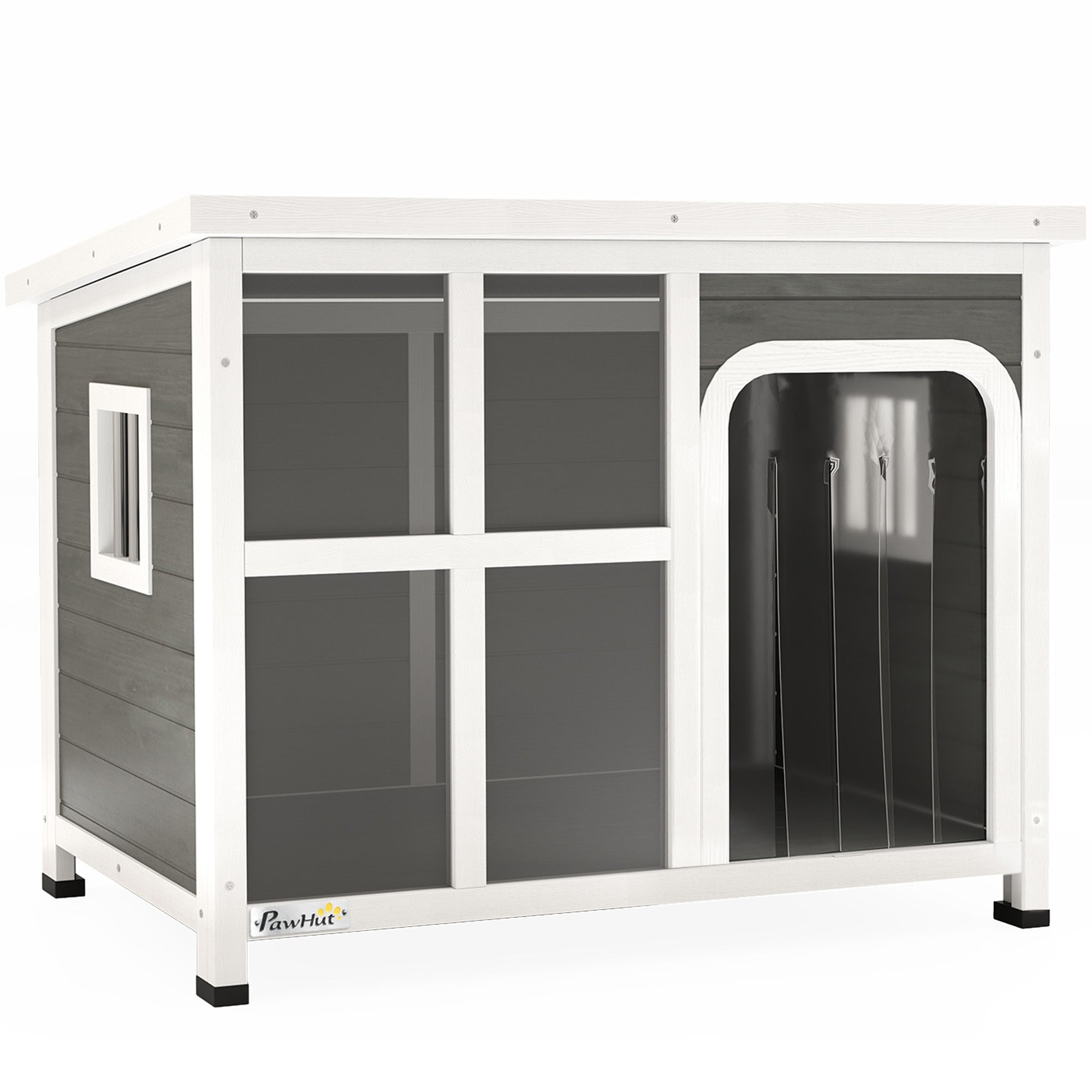 PawHut Wooden Outdoor Dog House with Asphalt Openable Top, Removable Floor, Clear Front Panel, Curtain, Light Grey