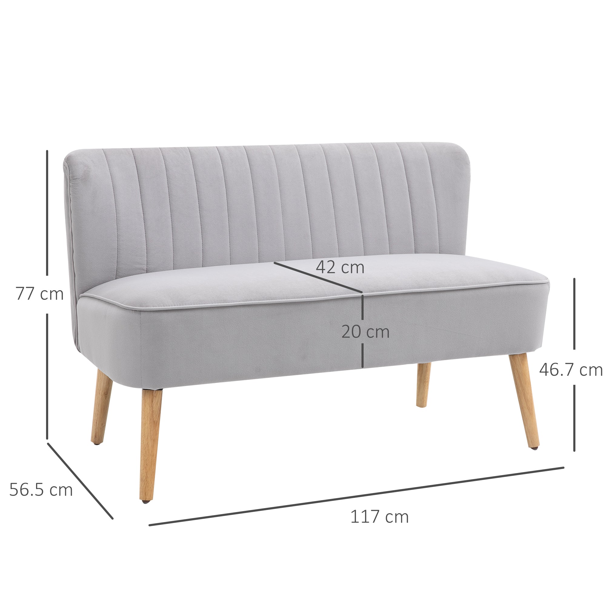 HOMCOM Modern Velvet Double Seat Sofa w/ Wood Frame Foam Padding High Back Soft Comfortable Compact Couch Light Grey