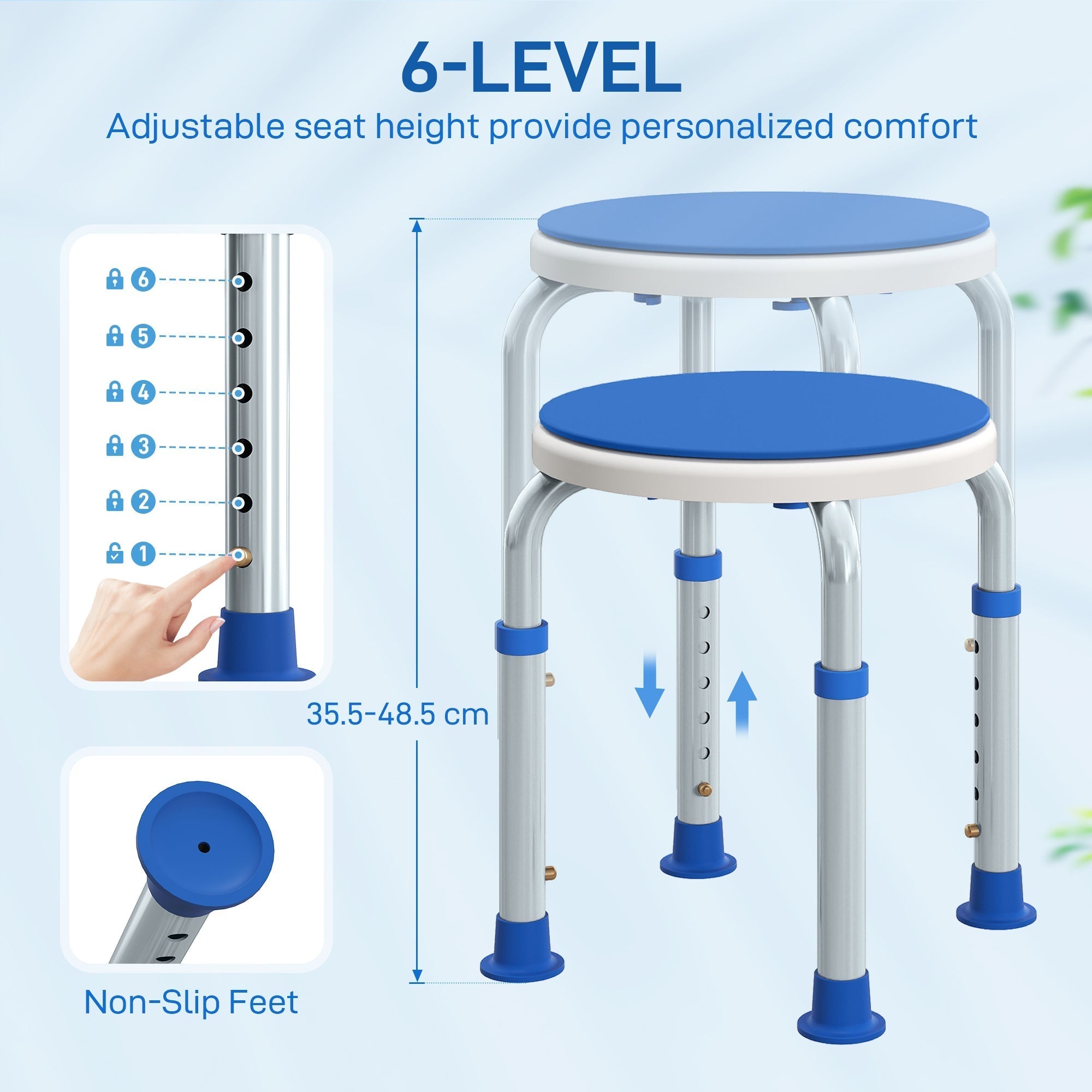 HOMCOM 360 Swivel Shower Chair, Height Adjustable Aluminium Shower Stool with Non-Slip Feet for Disabled, Elderly, Blue