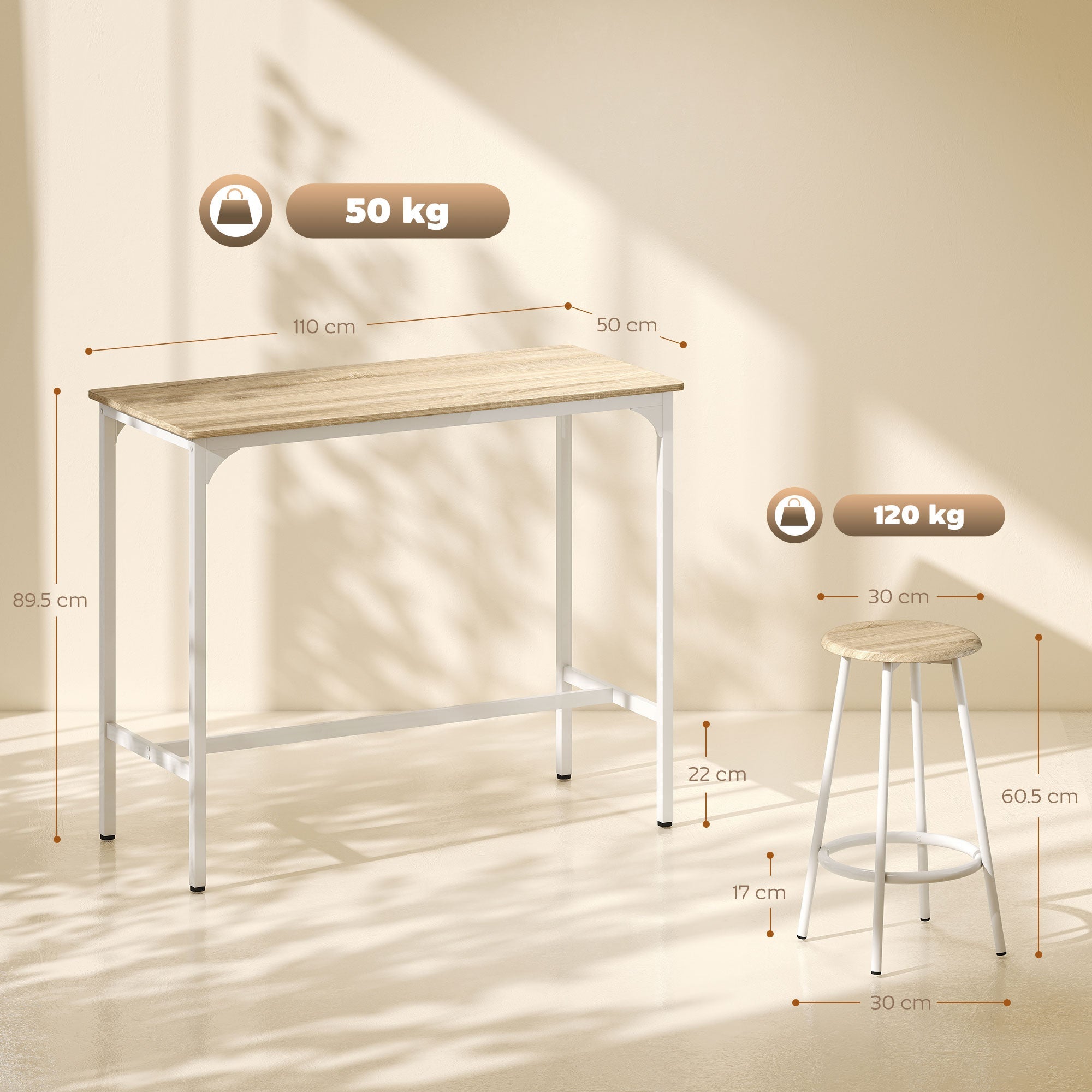 HOMCOM 5 Piece Bar Table Set for 4 with Stools, Metal Frame, Footrest for Kitchen Natural Wood