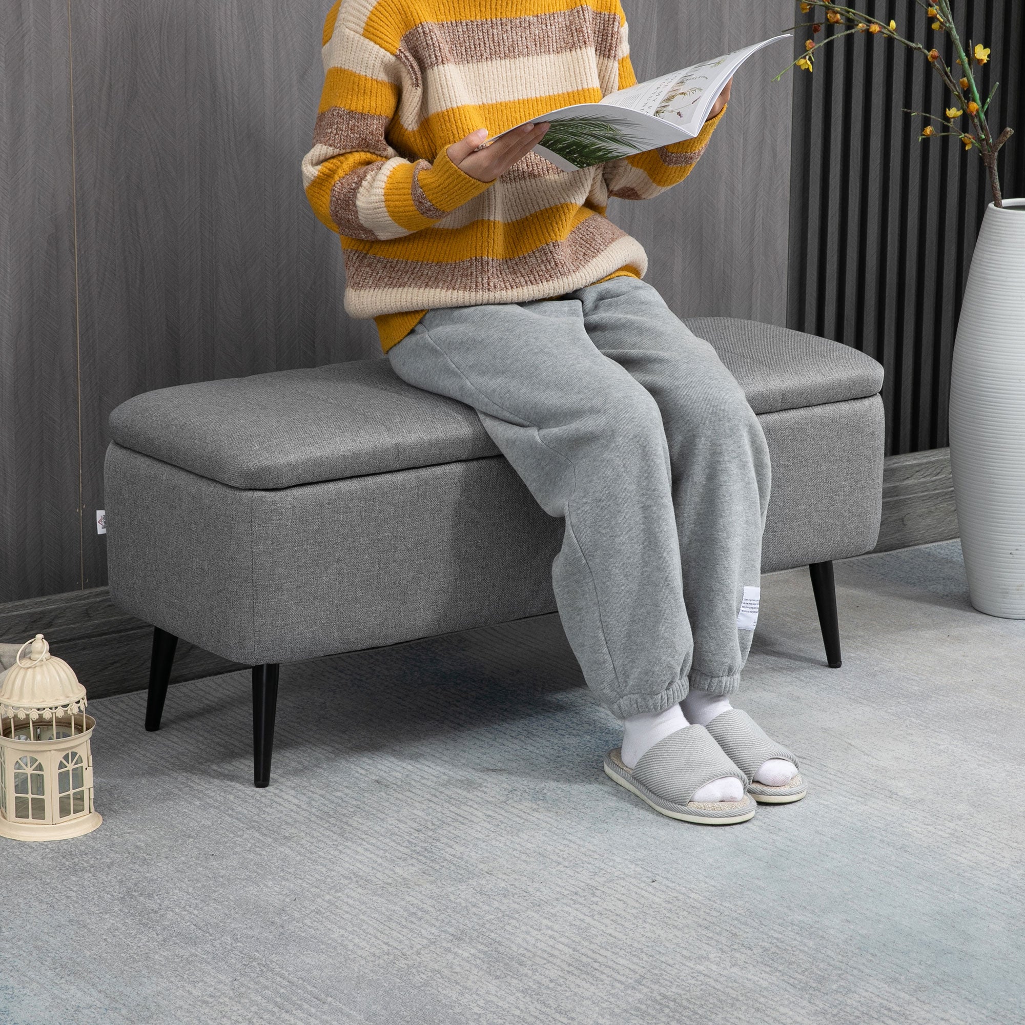 HOMCOM Storage Ottoman with Flip Top, Rectangular Upholstered Bench, Linen Look Fabric Footstool with Steel Legs for Living Room, Bedroom, Grey