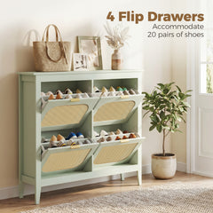 HOMCOM Narrow Shoe Cabinet, Boho Slim Shoe Storage Cabinet with 4 Flip Drawers, Holds 20 Pairs, Light Green