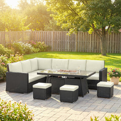 Outsunny 7 Pieces PE Rattan Garden Furniture Set, 50,000 BTU Gas Fire Pit Table, Double Corner Sofa and 3 Footstools