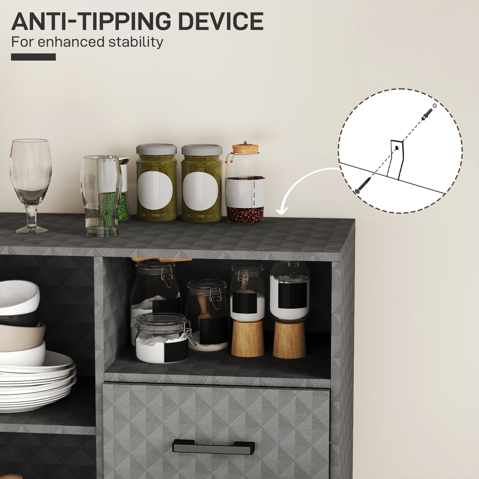 HOMCOM Sideboard with Adjustable Shelf, Freestanding Sideboard Storage Cabinet with Open Compartment and 2 Drawers, Grey