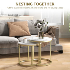 HOMCOM Nest of Tables with Steel Frame and Faux Marble Tabletop, Modern Coffee Table Set of 2, Gold Tone/White