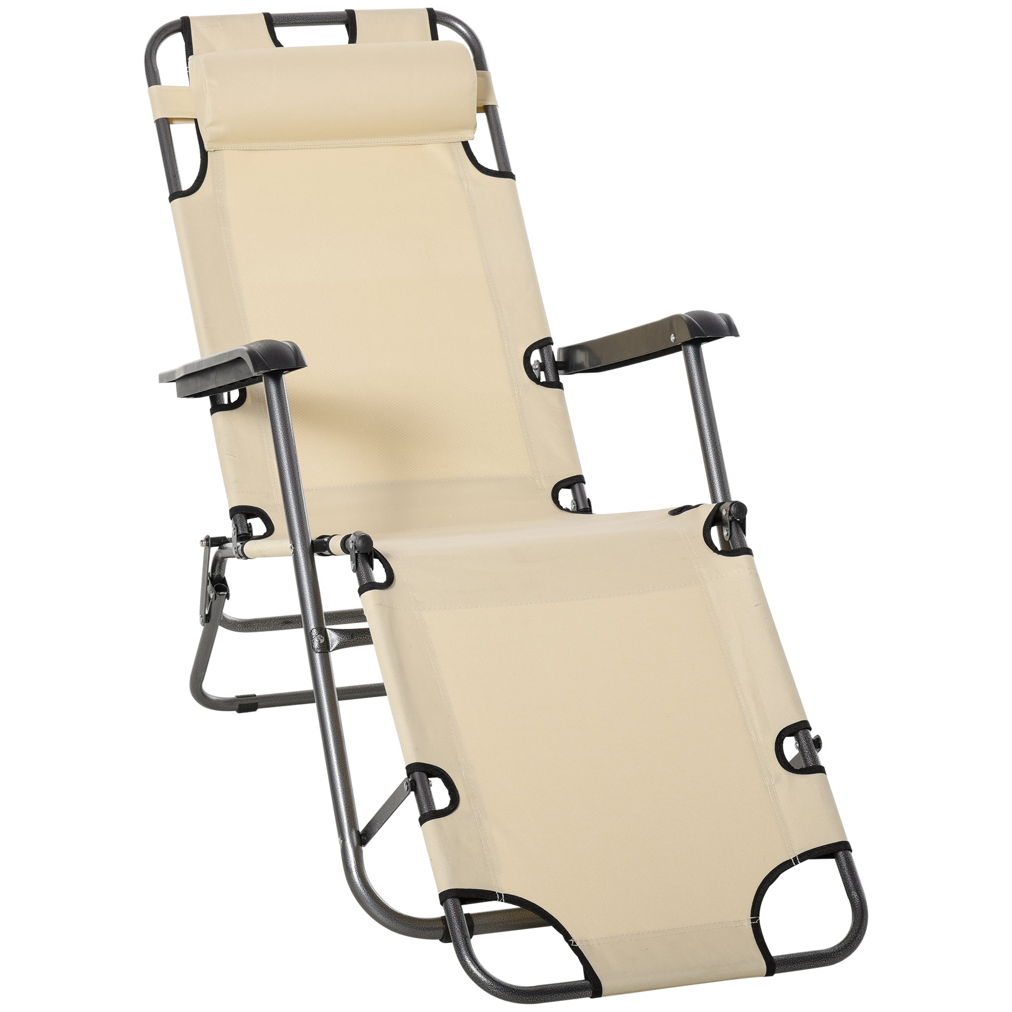 Outsunny 2 in 1 Folding Sun Lounger Reclining Garden Chair with 2-Level Adjustable Backrest, Outdoor Zero Gravity Recliner Garden Chair with Head Pillow and Armrests, Beige