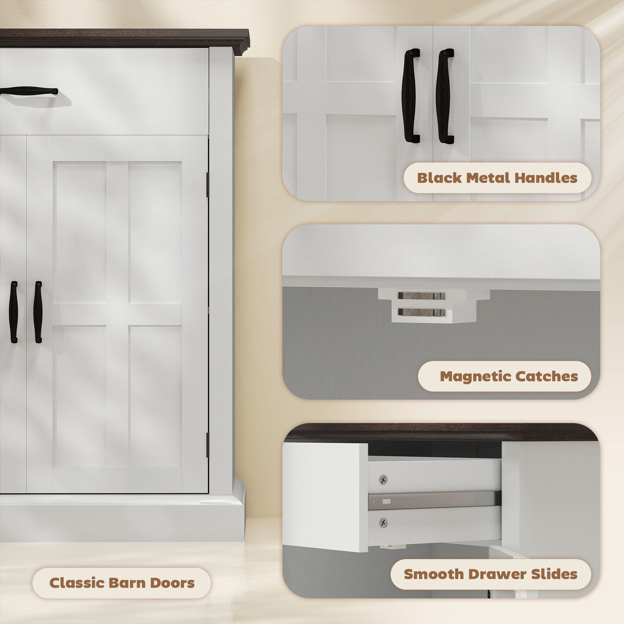 HOMCOM Farmhouse Sideboard with 3 cm Thick Top 2 Barn Doors - White