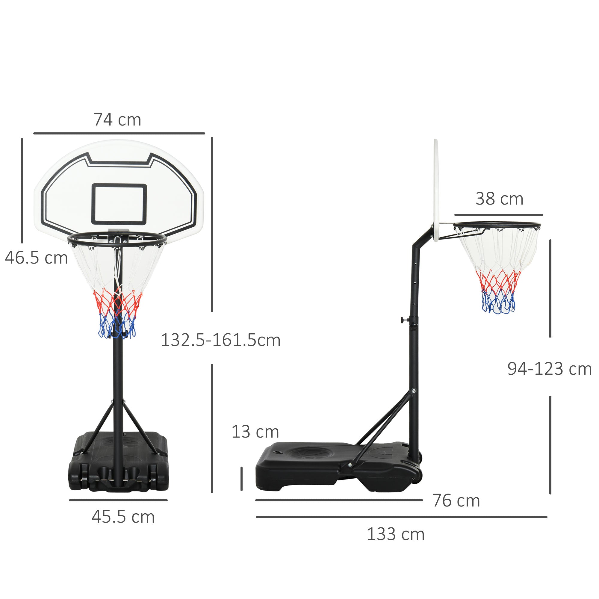 HOMCOM 94-123cm Adjustable Height Basketball Hoop and Stand