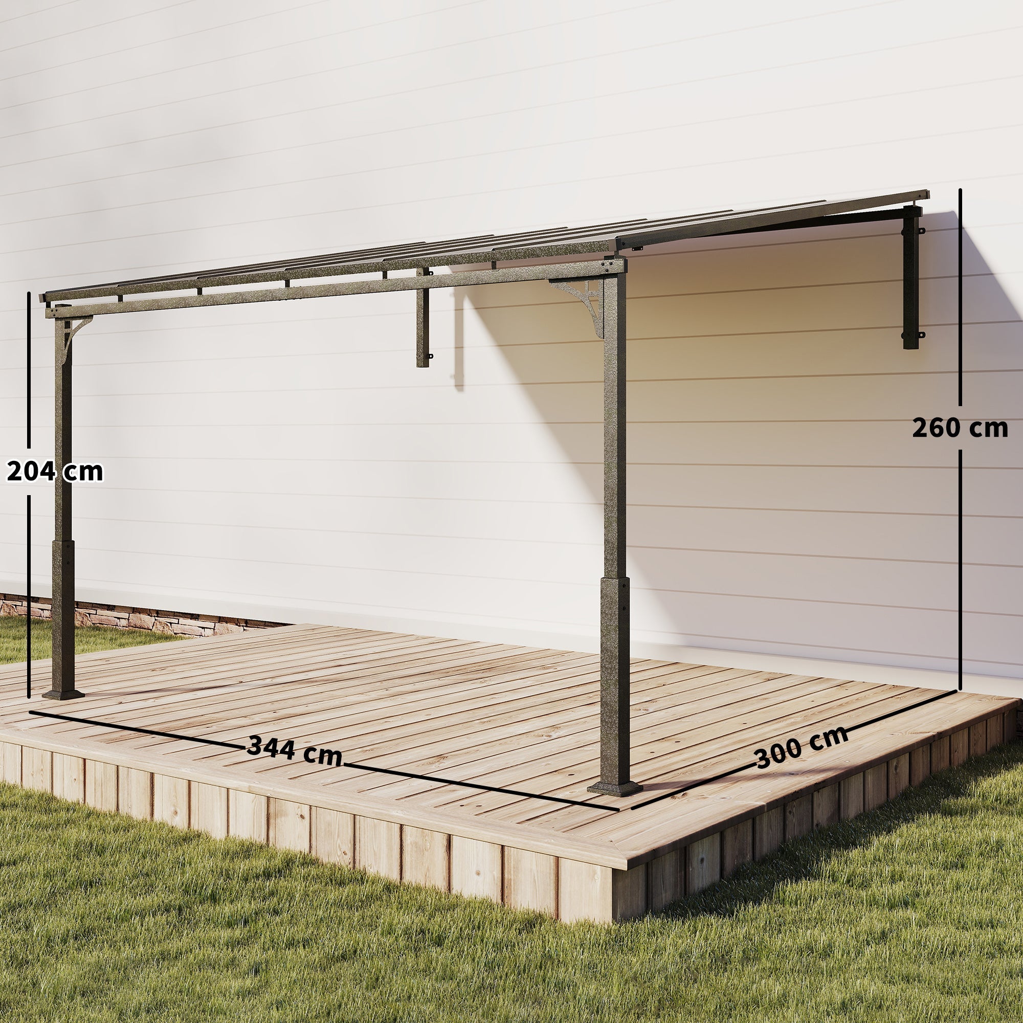 Outsunny 3.4 x 3 m Metal Lean-to Pergola, Wall-Mounted Garden Pergola with Polycarbonate Roof and Metal-Aluminium Frame, Heavy Duty Hardtop Gazebo for Outdoor Patios, BBQ, Brown
