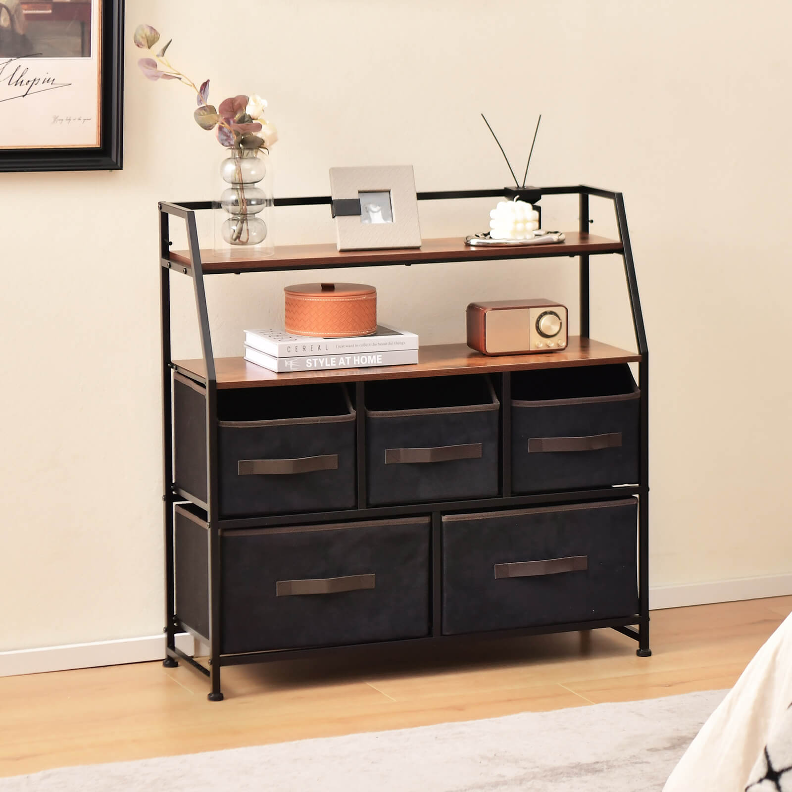 5 Drawers Dresser with Metal Frame and Anti-Toppling Devices-Brown