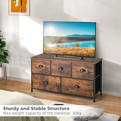 5-Drawer Multifunction Dresser with Foldable Drawers and Wooden Top-Rustic Brown
