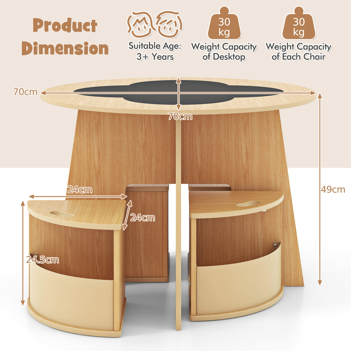 5 PCS Kids Table and Chair Set with Writable Blackboard Desktop-Natural