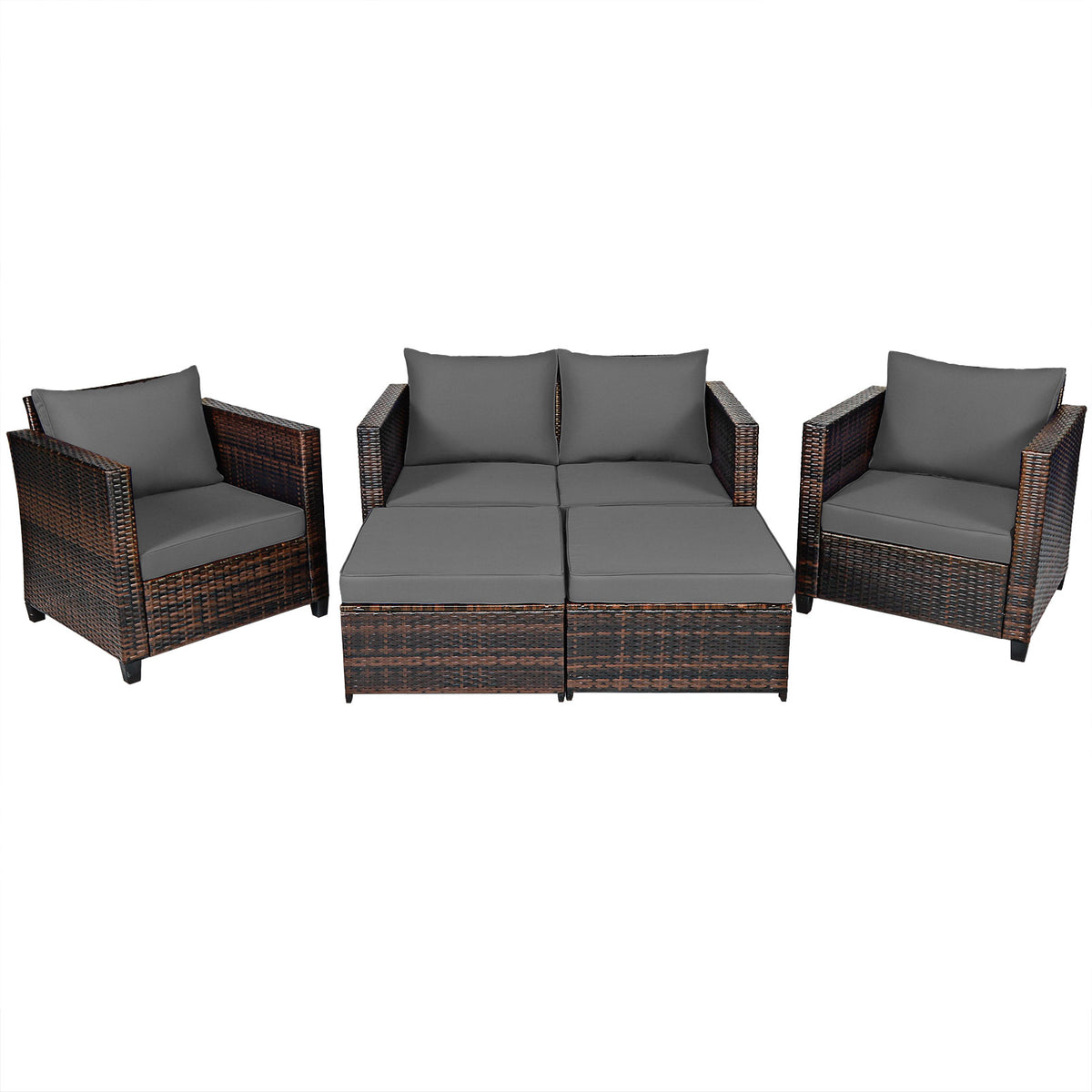 5 Pieces Outdoor Rattan Patio Furniture Set with Removable Cushions-Grey