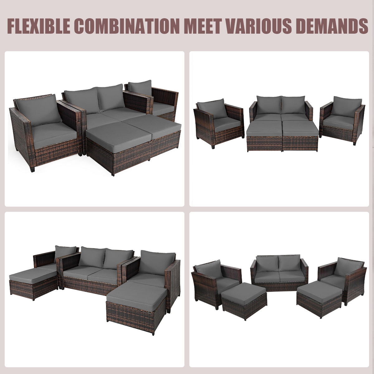 5 Pieces Outdoor Rattan Patio Furniture Set with Removable Cushions-Grey