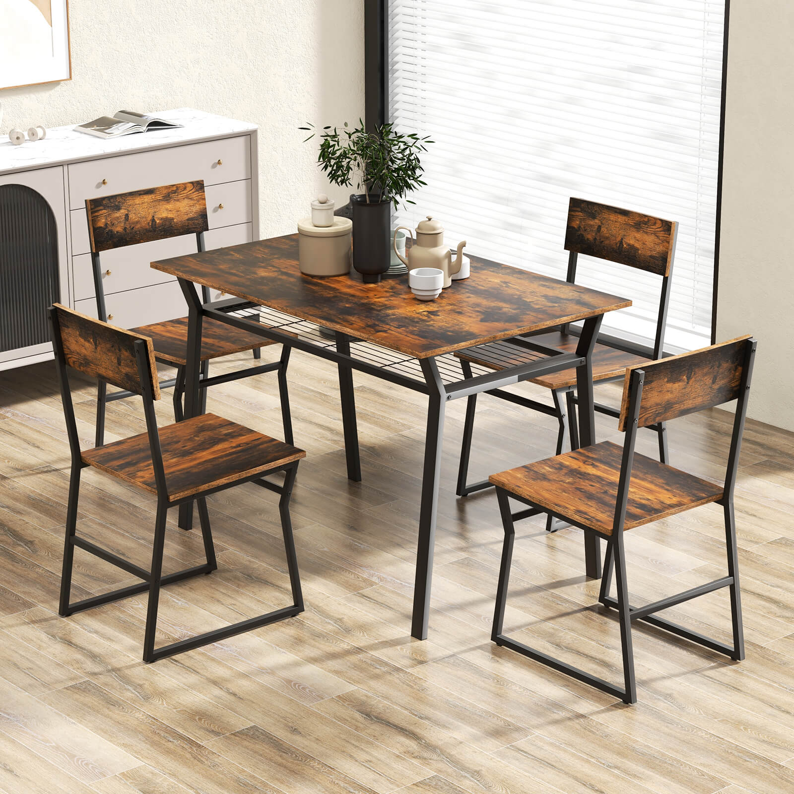 5 Piece Dining Table Set with Storage Rack and Metal Frame-Rustic Brown