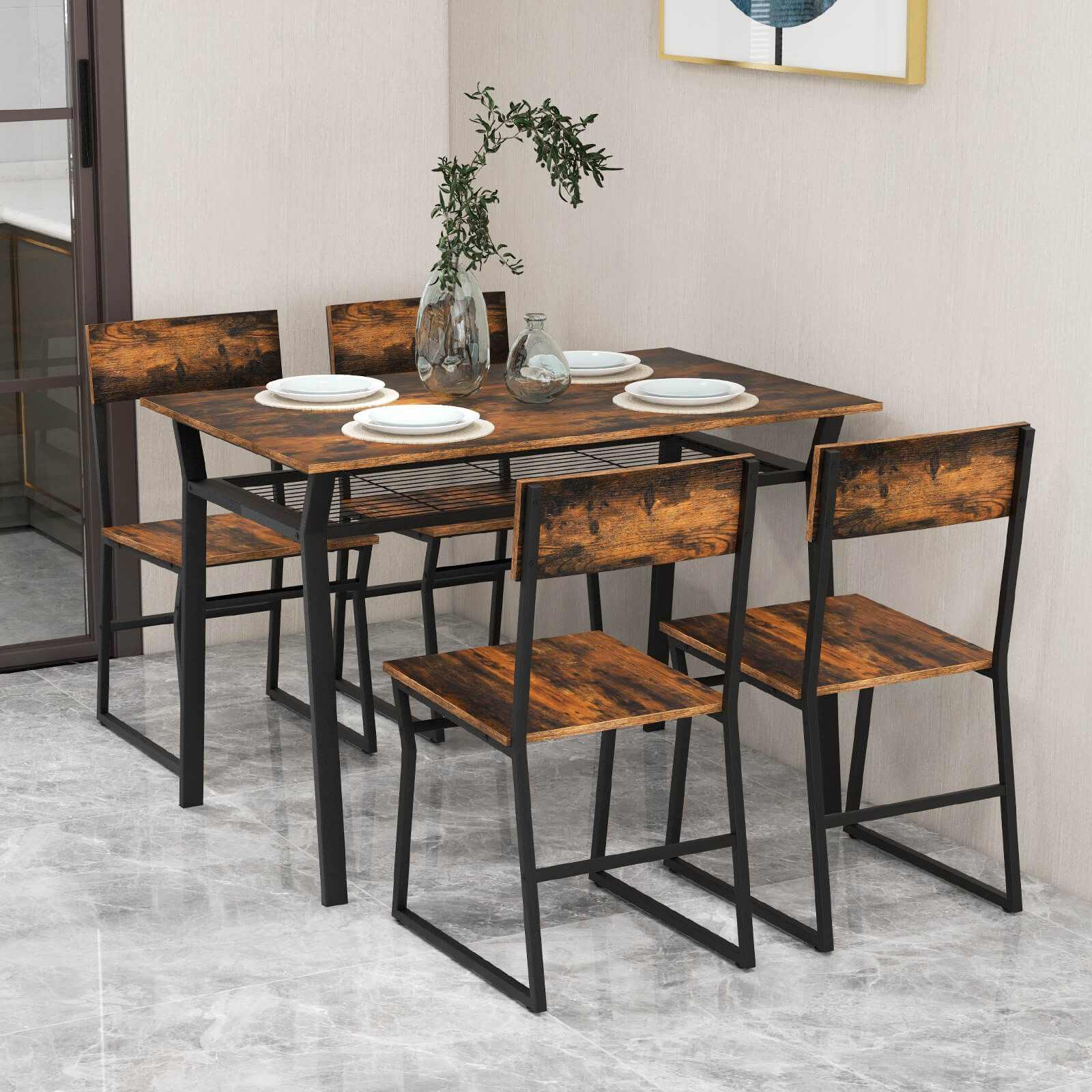 5 Piece Dining Table Set with Storage Rack and Metal Frame-Rustic Brown
